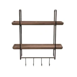 Transpac Metal 27.56 In. Brown Double Shelf With Hooks