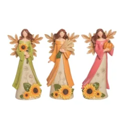 Transpac Sunflower Angel Figurine Set Of 3 Fall Harvest Home Decor Autumn Thanksgiving Decorative Objects Resin