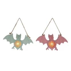 Transpac Resin LED Bat Wall Art Set Of 2 Halloween Decoration Green Battery Operated Prelit Indoor Use Home Decor