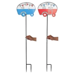 Transpac Metal Camper Yardstakes Set Of 2 Colorful Decorative Garden Stakes For Outdoor Ground Decor