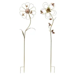 Transpac Metal Bee Flower Yardstakes Set Of 2 Decorative Garden Stakes With Bird Figurines For Indoor And Outdoor Use